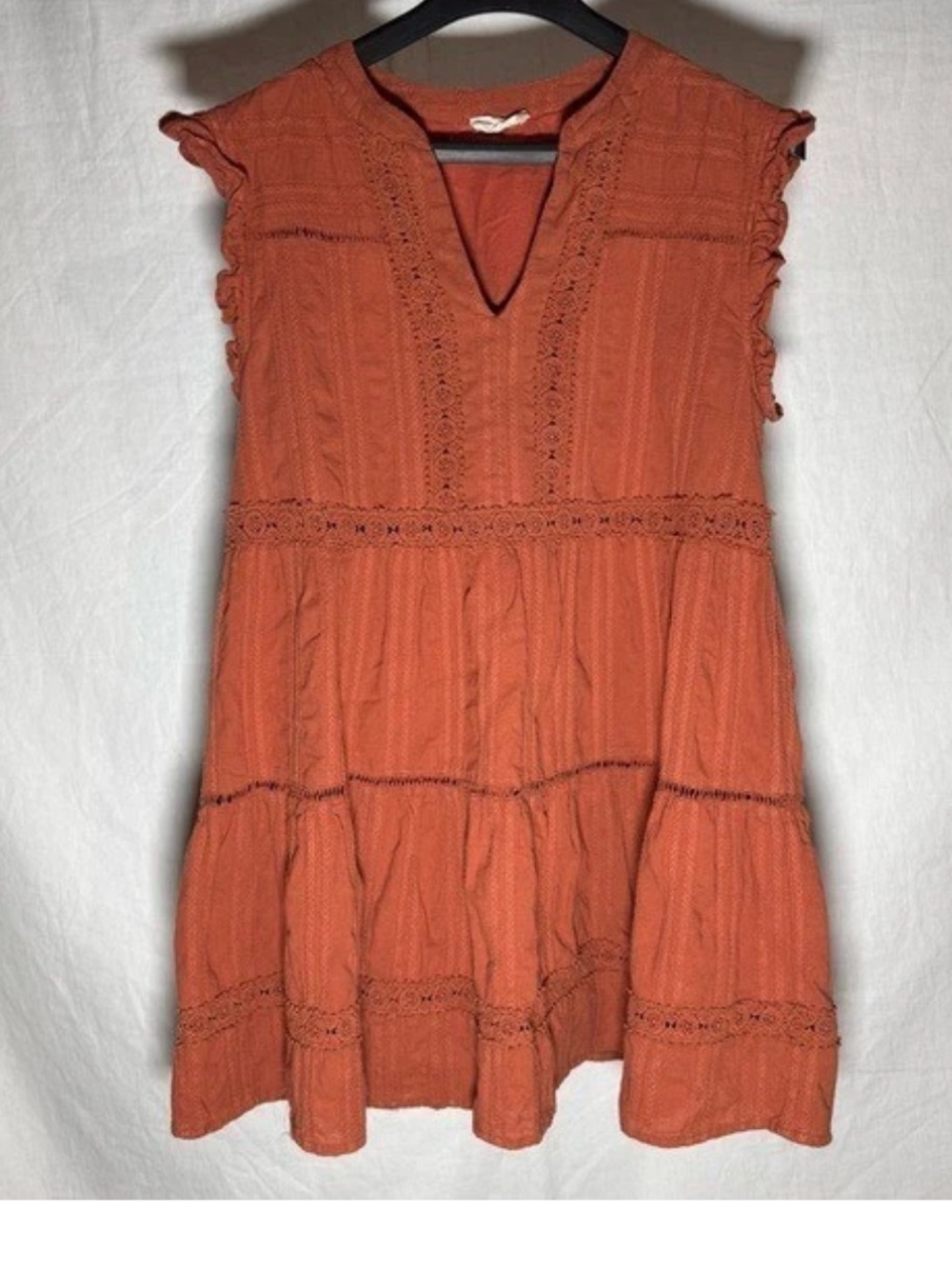 Altar'd State Womens Rust Orange Crochet Lace Tiered Boho Mini Dress Size M